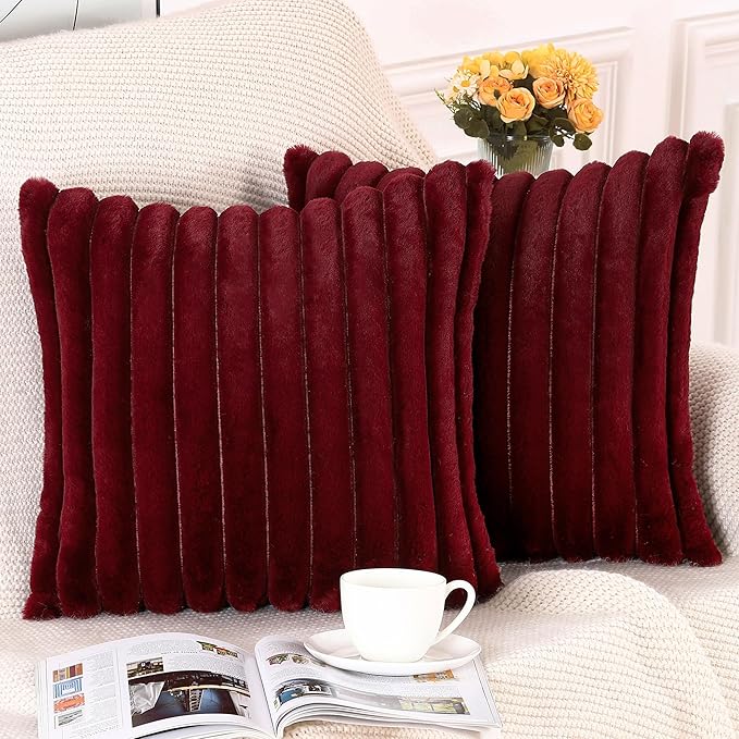 MADIZZ Set of 2 Faux Fur Plush Decorative Throw Pillow Covers 18x18 Inch Burgundy