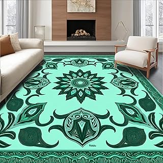 Ultra Soft Area Rug 8x10, Feather Motif Tapestry with Emerald Botanical Border Design, Non Slip, Stain Resistant, Washable Area Rugs for Living Room, Bedroom(Mint, 8x10)