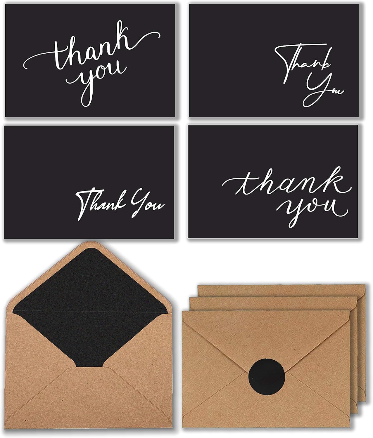 100 Black Thank You Cards with Brown Kraft Envelopes and Stickers - 4 Designs Bulk Notes for Official, Formal, Office, Graduations, Business, 4x6 Inch Folded