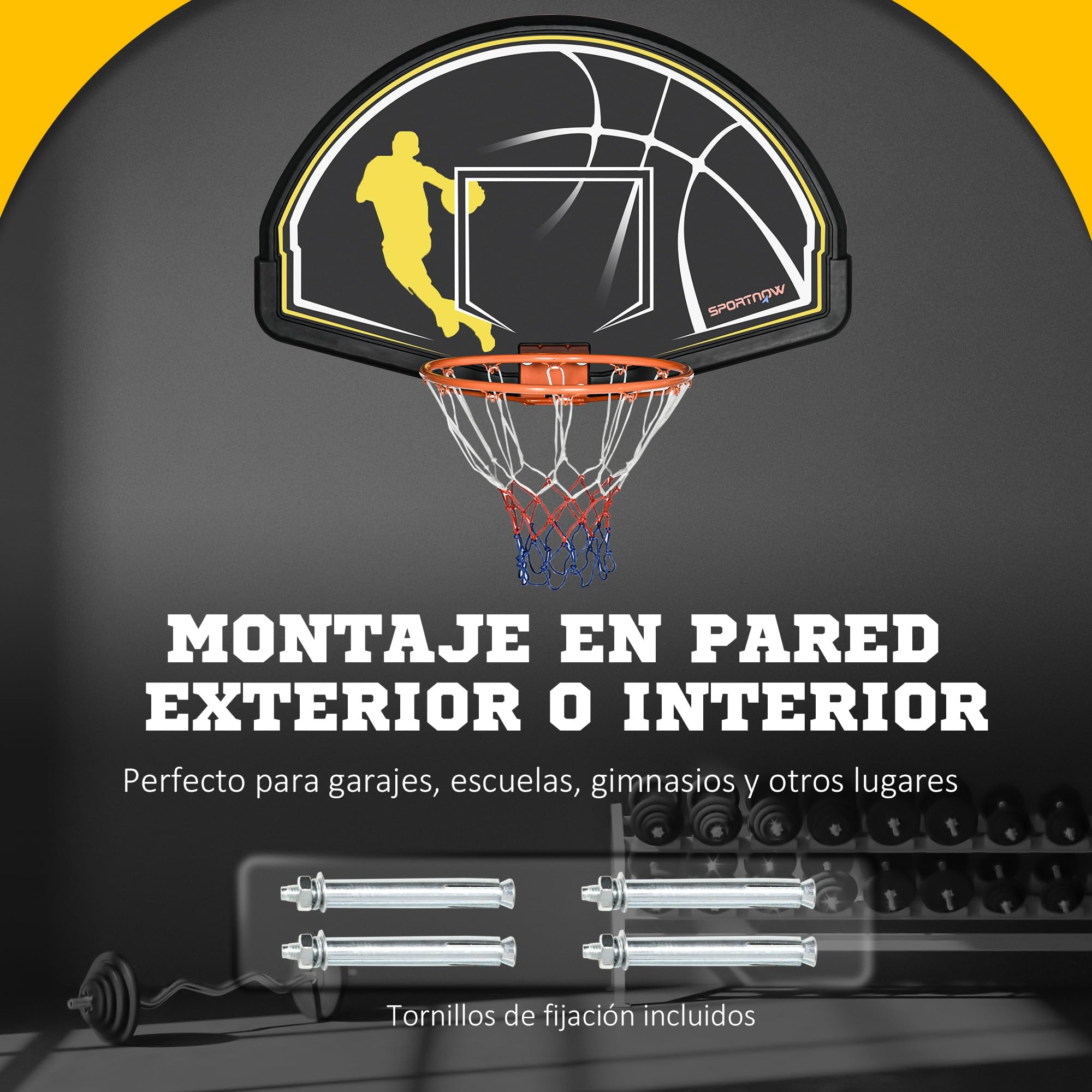 SPORTNOW Canasta de Baloncesto de Pared para Interior y Exterior - Tablero y Aro 110x90x70 cm Negro y Amarillo