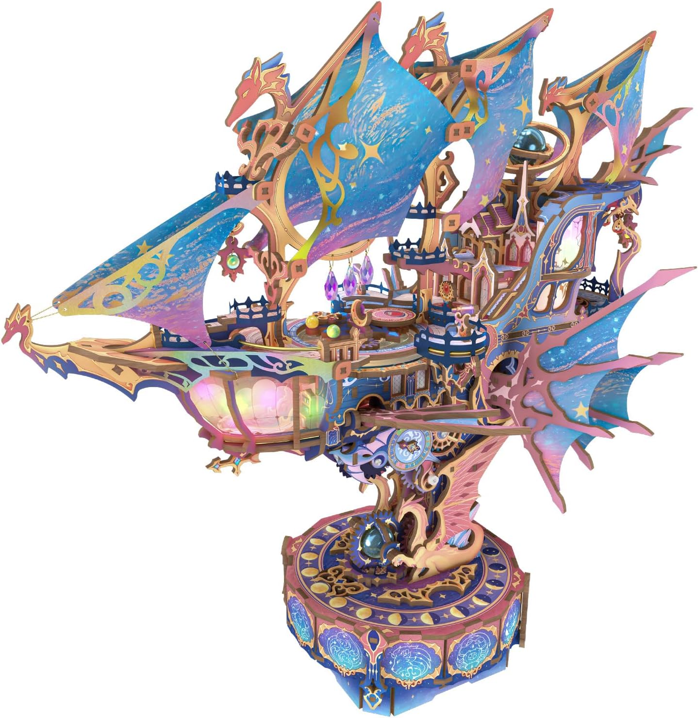 Tonecheer 3D Wooden Puzzle Airship Model Kit, DIY Transmission Model Fantasy Ship Spaceship with Music, Movable Building Kit Starlight Craft Mechanical Decor Idea Gift for Adults - Magical Galaxy