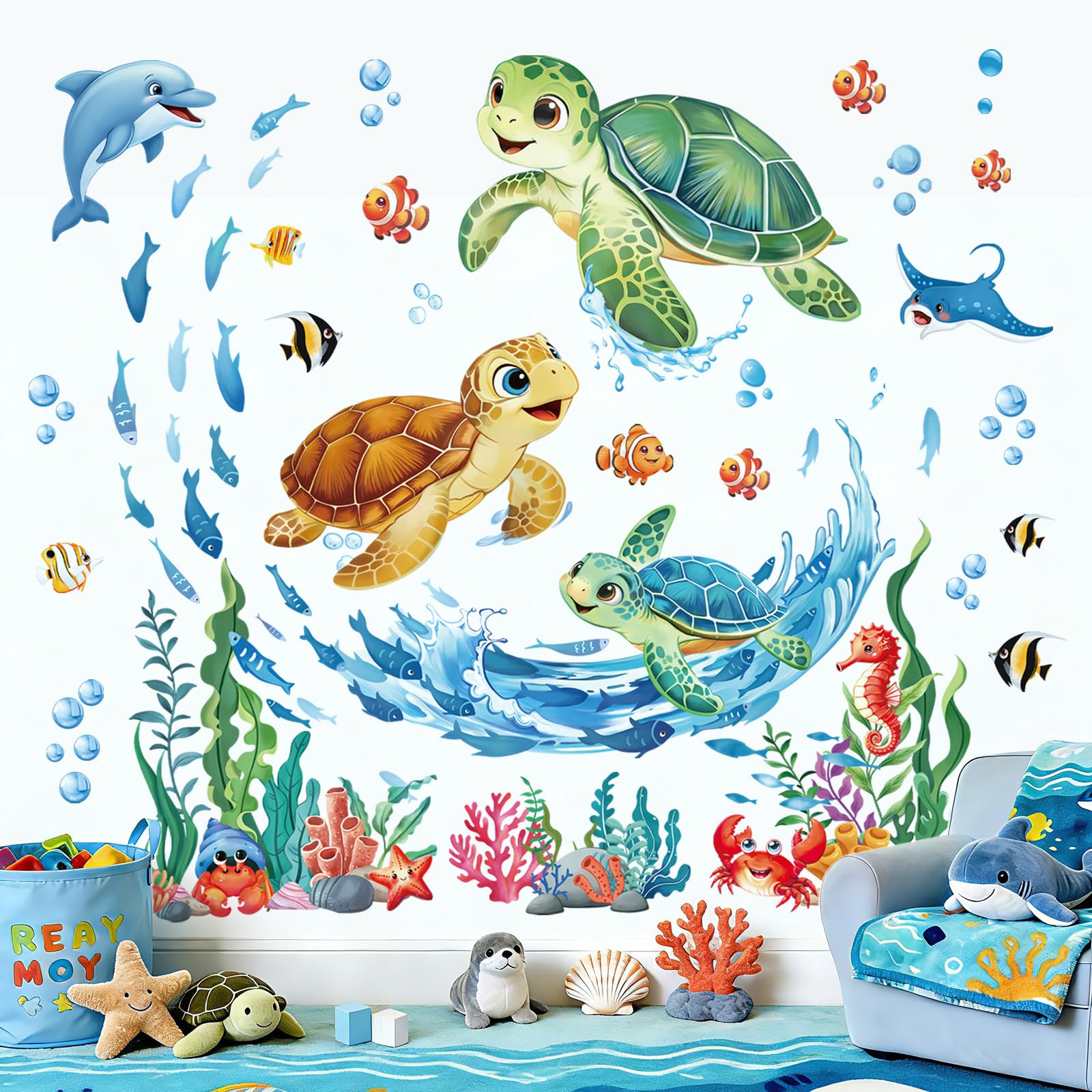 decalmile Pegatinas de Pared Bajo el Mar Vinilos Decorativos Tortugas Peces