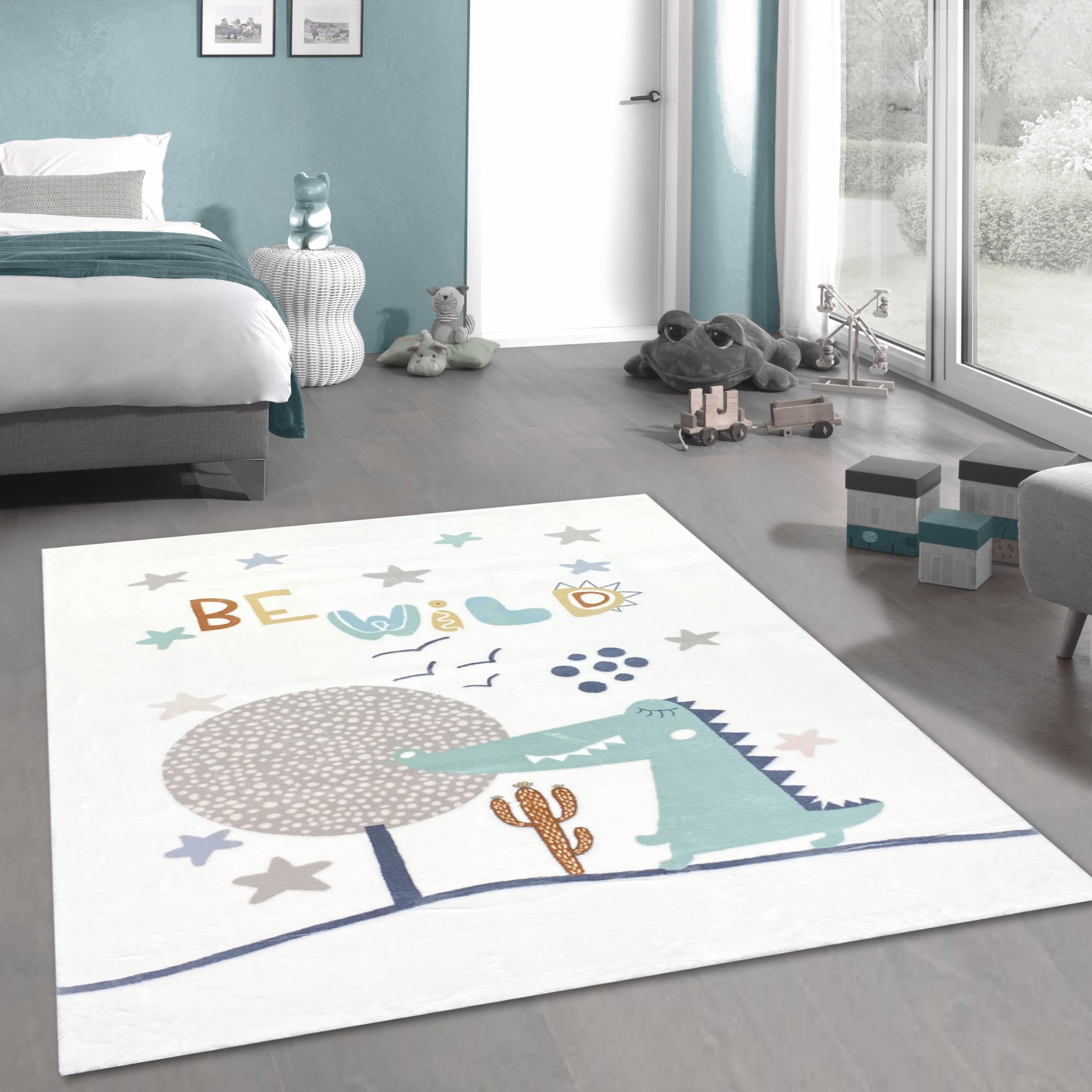 CARPETIA Kinderzimmer-Teppich flauschig Krokodil pflegeleicht in Creme 120x170 cm