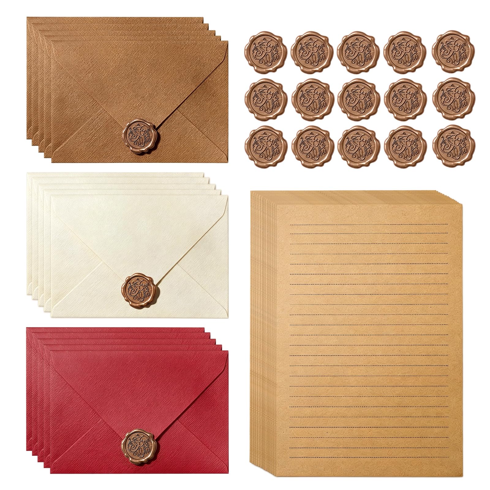 Vintage Letter Writing Set, 20 A5 Letter Writing Paper and 15 Envelopes and 15 Wax Seal Stickers, Writing Paper and Envelopes Set for Love Letter Party Invitation (3-Color)