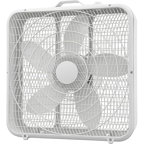 Comfort Zone Box Fan with Carry Handle, 20 inch, 3 Speed Full-Force Air Circulation Window Fan, Bedroom Floor Fan with 5 Blades, White Noise Cooling Fan, White