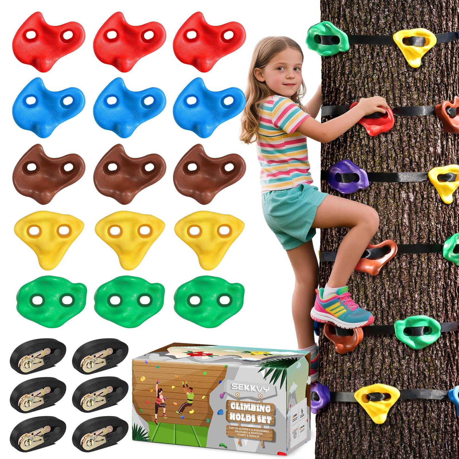 SEKKVY 15PCS Ninja Tree Climbing Kit, Rock Wall Holds with 6 Ratchet Straps