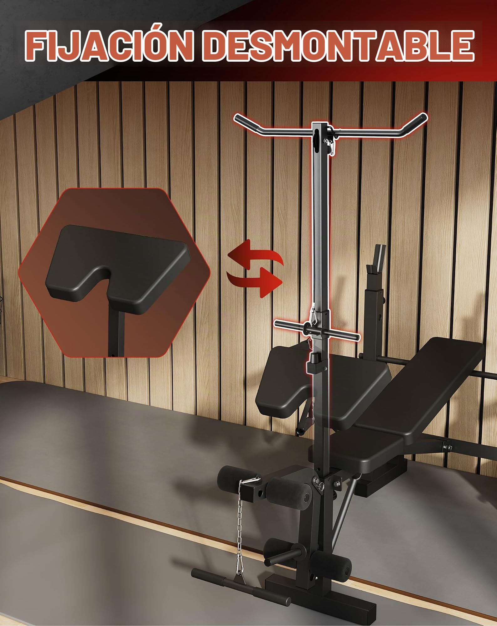 Banco De Pesas Ajustable 4 En 1 Para Gimnasio En Casa - Con Rack Para Barra, Extensión De Piernas, Pad Rizo Predicador y Articulación Mariposa - Plegable y Soporta 900 Lb Para Entrenamiento Completo