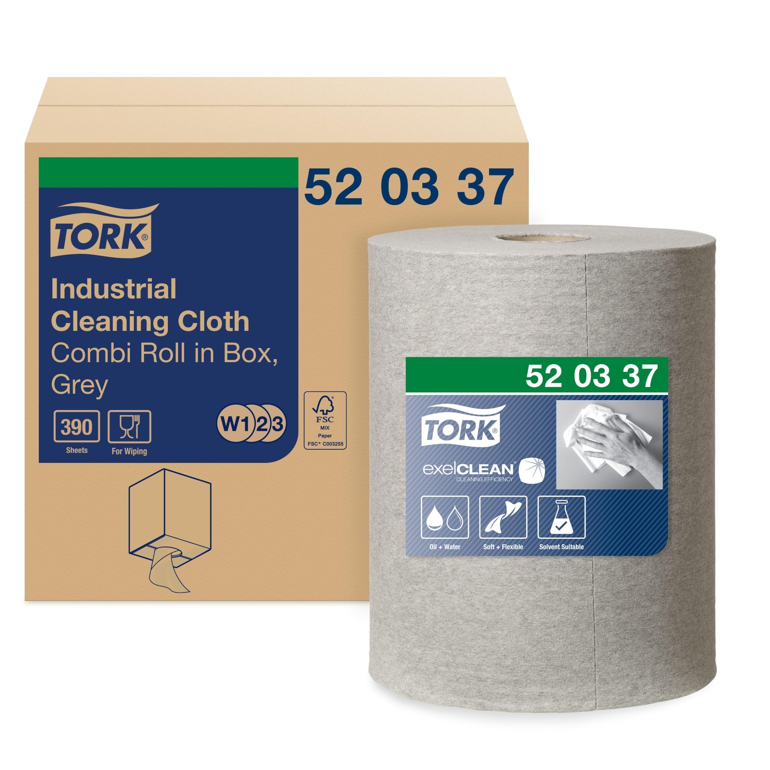 Tork 520337 Paño de limpieza industrial Premium / 1 capa/Papel multiuso compatible con los sistemas W1, W2 y W3 / 1 bobina x 148,2 m de largo/color gris