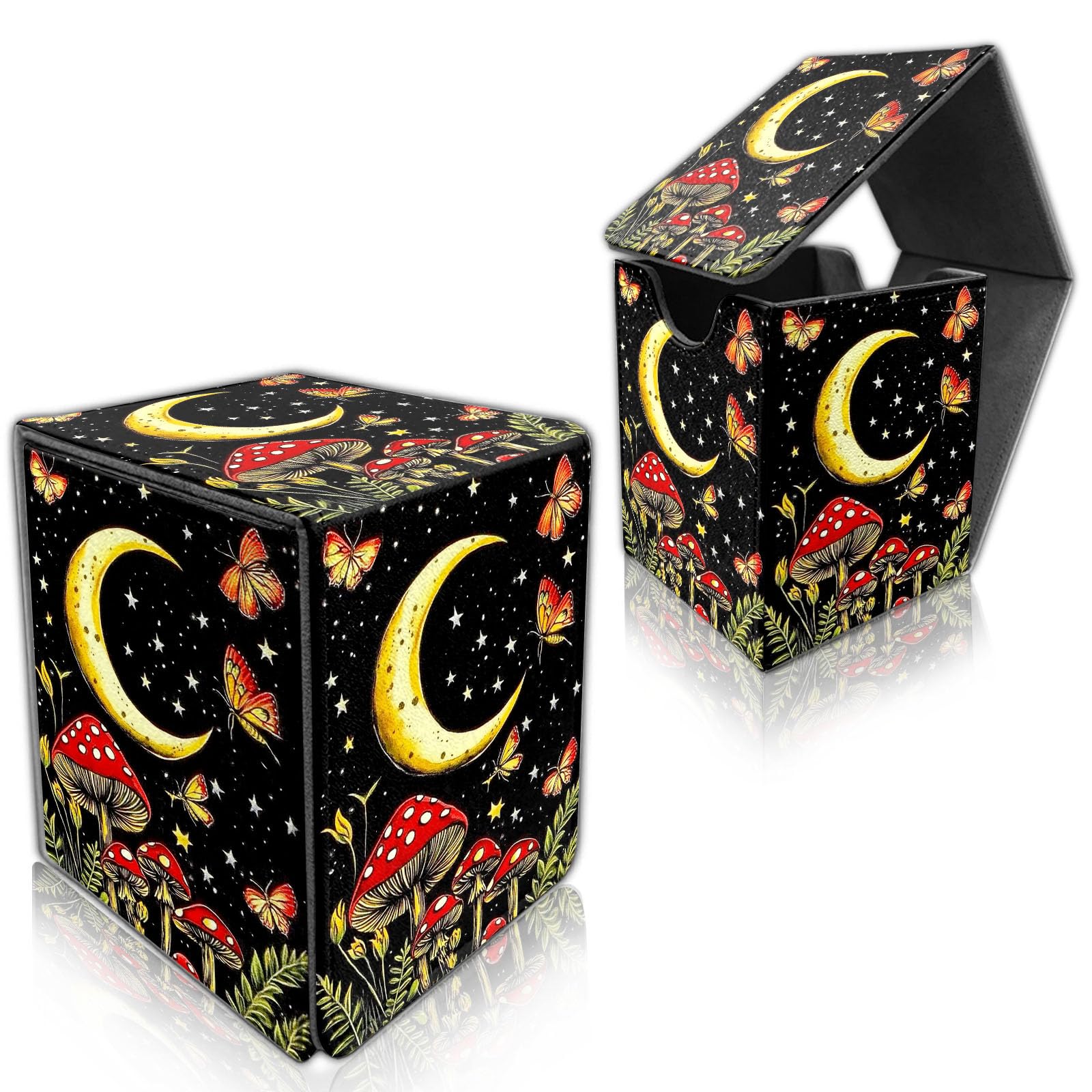 DISUOFEART for MTG Deck Box, Trading Card Storage Case Holds 100+ Sleeved Cards, Mushrooms and Flowers Moon Magnetic Closure Durable Deck Holder for Magic The Gathering, TCG & Commander