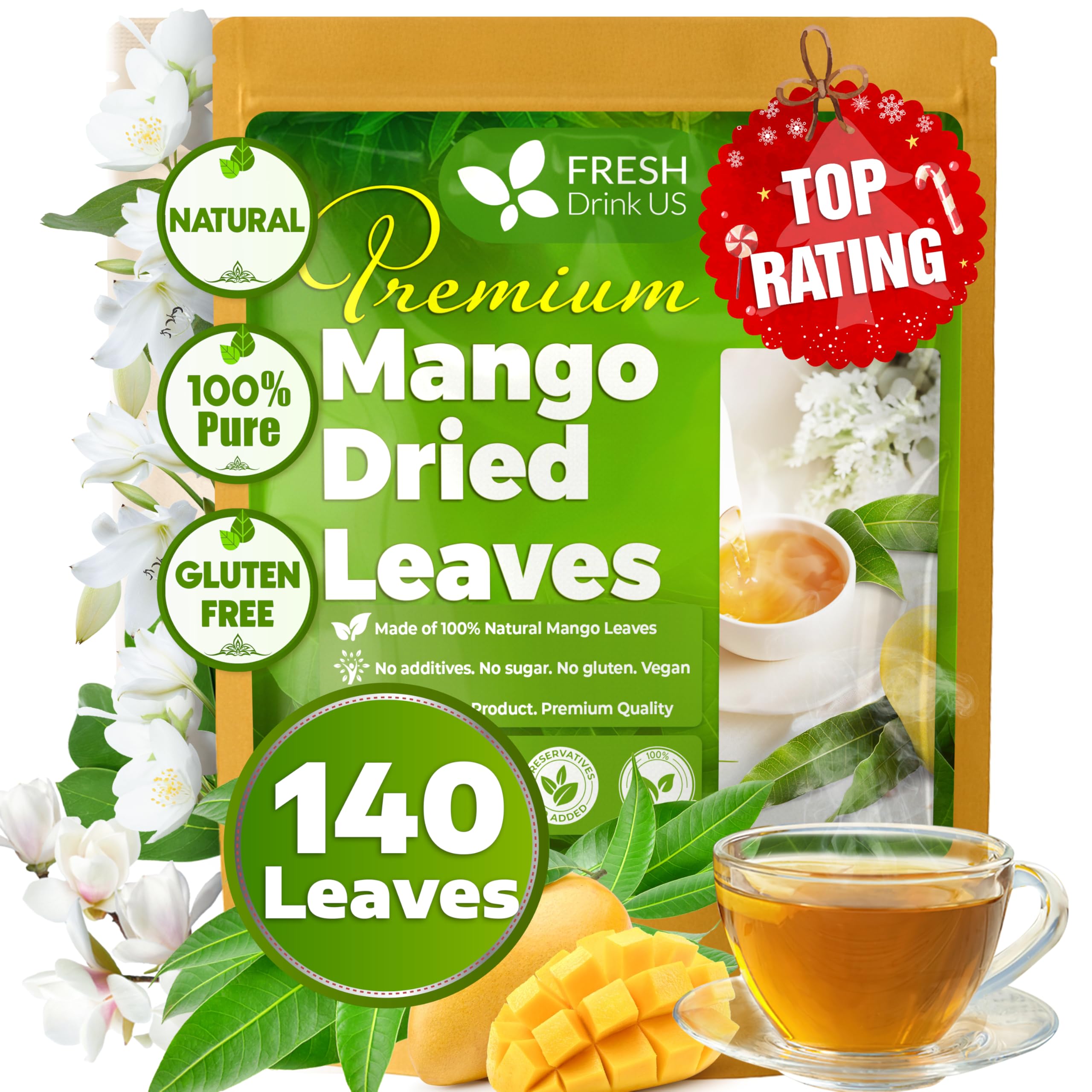 FreshDrinkUS, Premium 140+ Mango Whole Leaves Dried, 100% Natural & Pure from Dried Mango Leaves Tea, No Additives, No Caffeine, Vegan