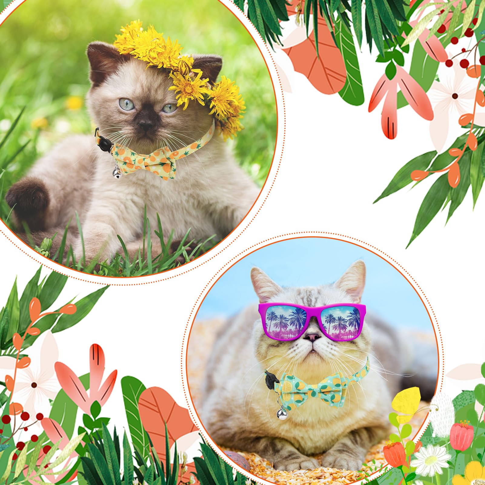 Paquete de 4 collares de gato con pajarita y campana, collar de gato, collar de gato, collar de gato, collar de gato de frutas, collar de gatito, collar de seguridad ajustable para primavera