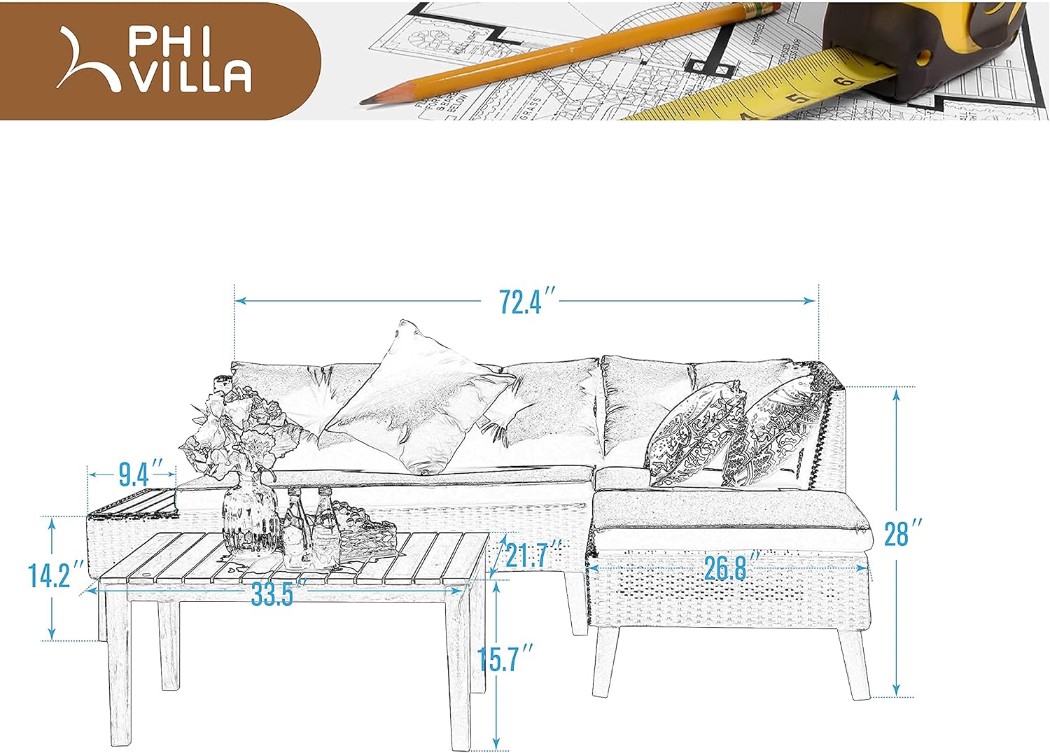Buy PHI VILLA 3Piece Outdoor Rattan Sectional Sofa Set with Acacia