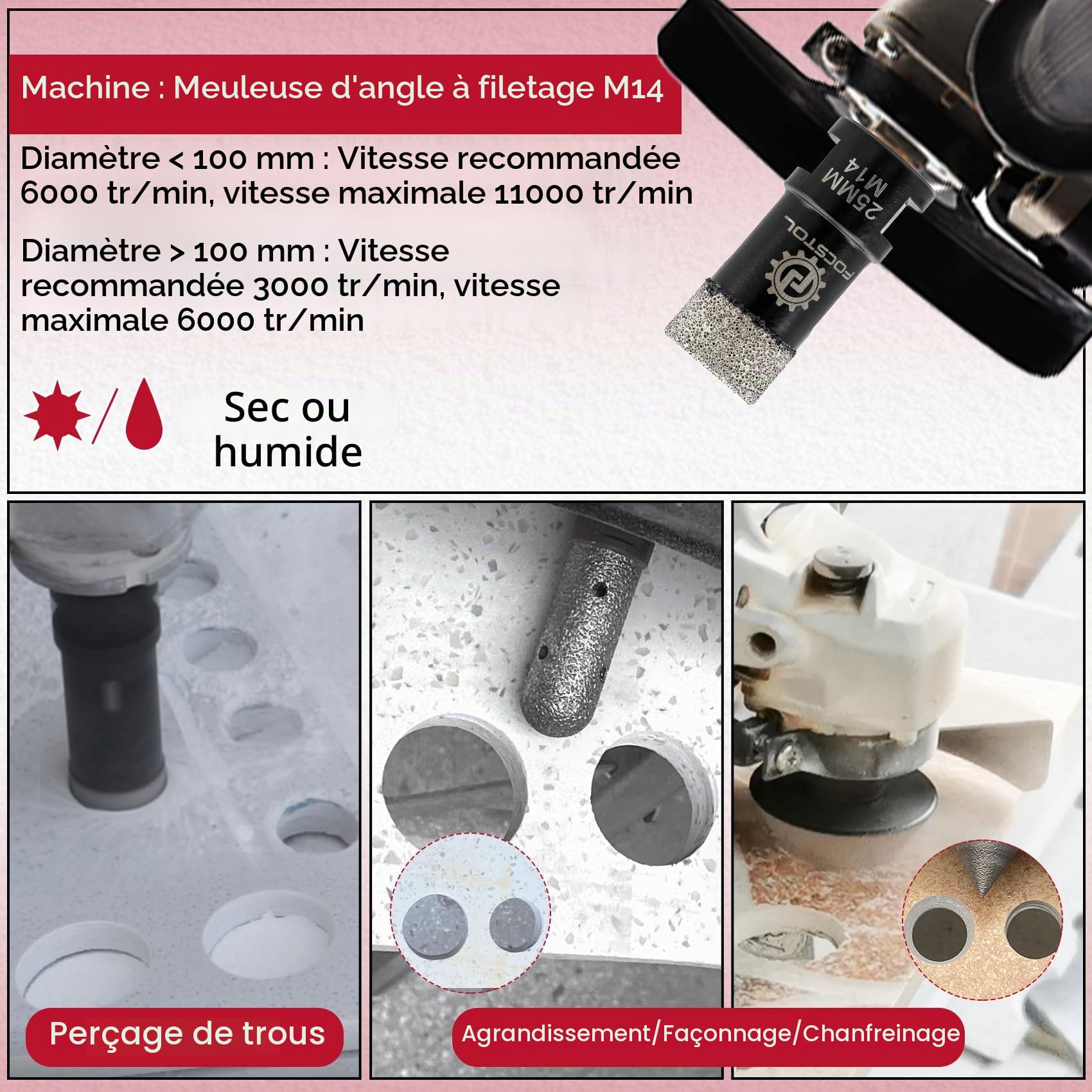 FOCSTOL Scie Cloche Carrelage Kit - Foret Diamant Carrelage Kit pour Porcelaine Marbre Granit 12 pièces (6/8/10/25/35/50/68/110mm+50mm Mèches Chanfrein+20mm Fraise+Adaptateur+125mm Disque)