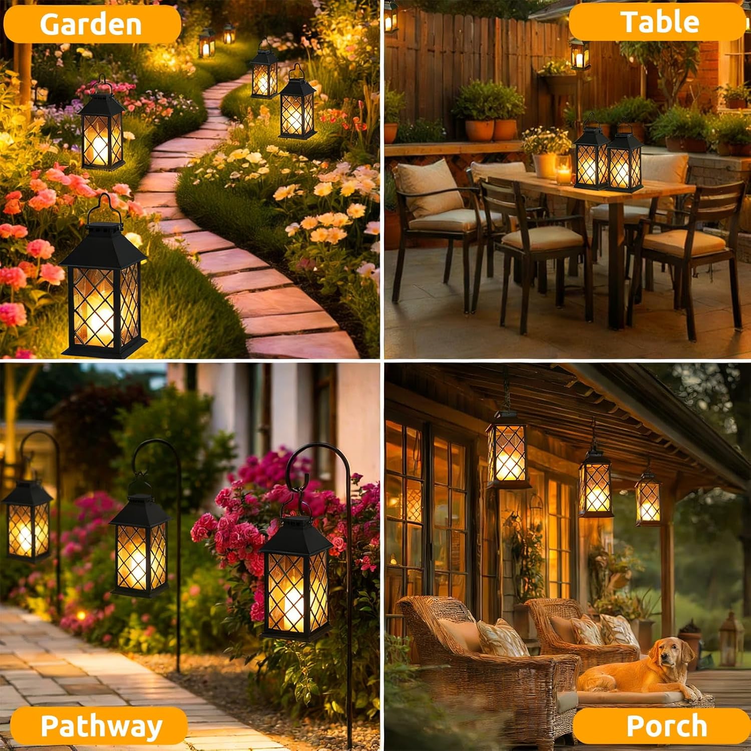 2 Pack Large Tempered Glass Solar Lanterns Outdoor Waterproof, Hanging Solar Lights with Flickering Flameless Candles, Solar Lantern for Wall Porch Patio Table Garden Yard Decoration (Black)