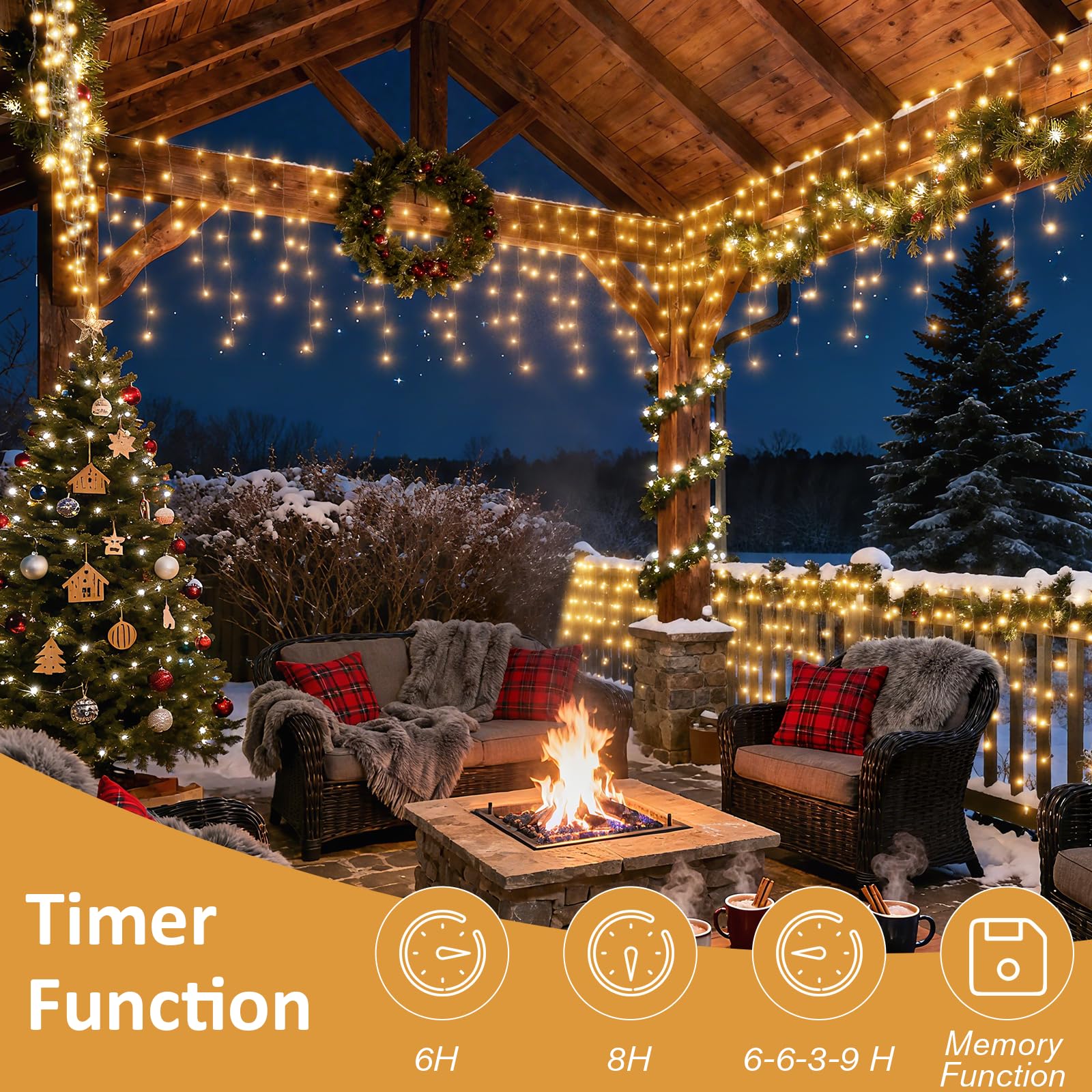 Rideau Lumineux Noel Exterieur, 15M 594 LED Guirlande Lumineuse vec 8 Modes, IP44 étanche pour Fenêtre, Balcon, Jardin, Toit, Blanc Chaud