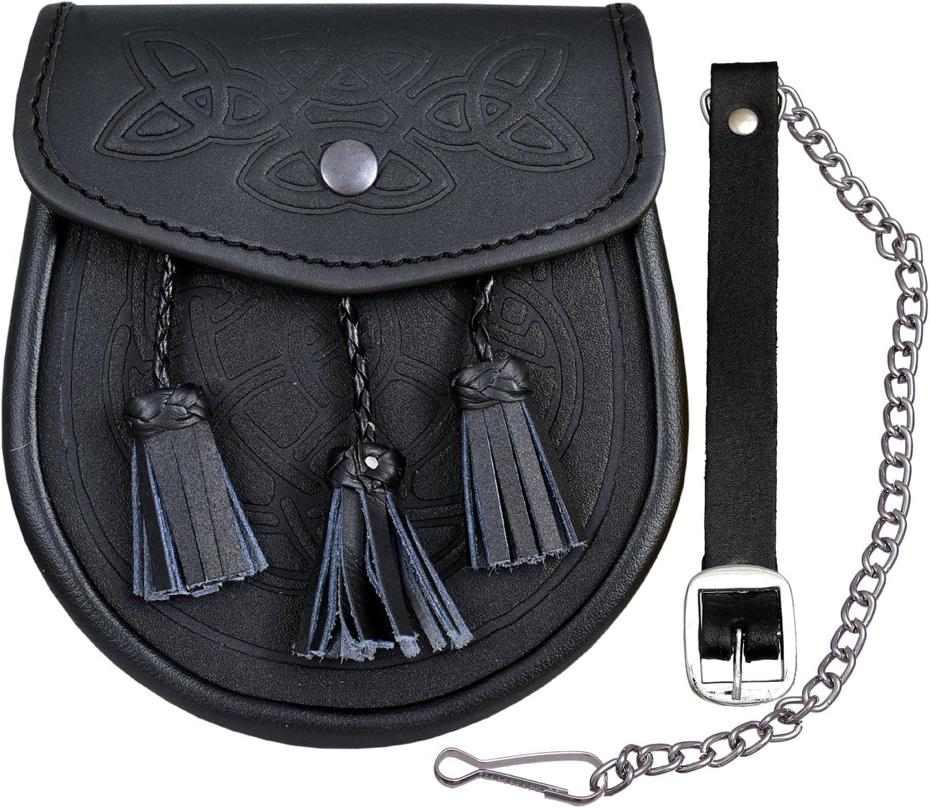 BLACK LEATHER SPORRAN WITH S-CHAIN KILT & BAGPIPE IN CELTIC DESIGN