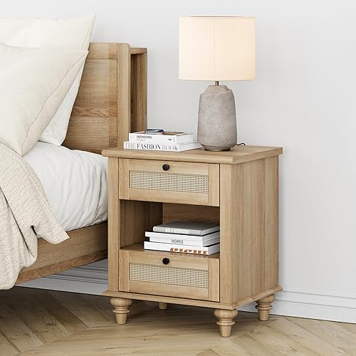 Miniatura 42 de WAMPAT Mesita de noche de ratán con estación de carga, mesa auxiliar de madera clara con 2 cajones para sala de estar, mesita de noche rústica para