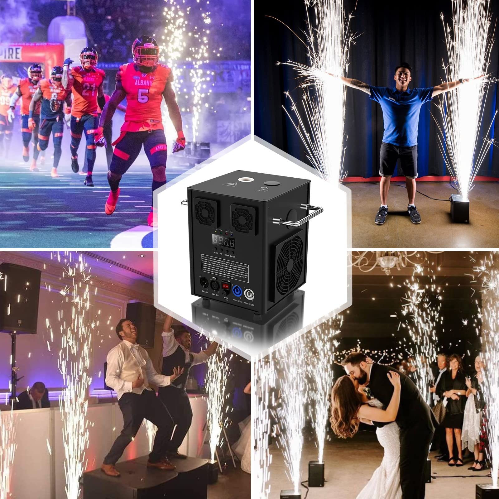 Set di 2 macchine pirotecniche Cold Spark 700W D-MX con flightcase, telecomando per feste, Halloween, Natale, matrimoni, eventi sportivi
