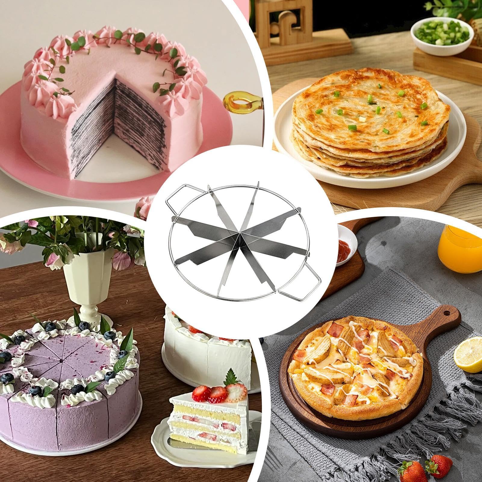 Runder Tortenschneider Trennwand - 6/7/8 verstellbare Portionen für Torten | Lebensmittelqualität Edelstahl Schneider mit Seitengriffen, Rostfreier Gebäck, Käse, Pizza-Marker für gleichmäßige und