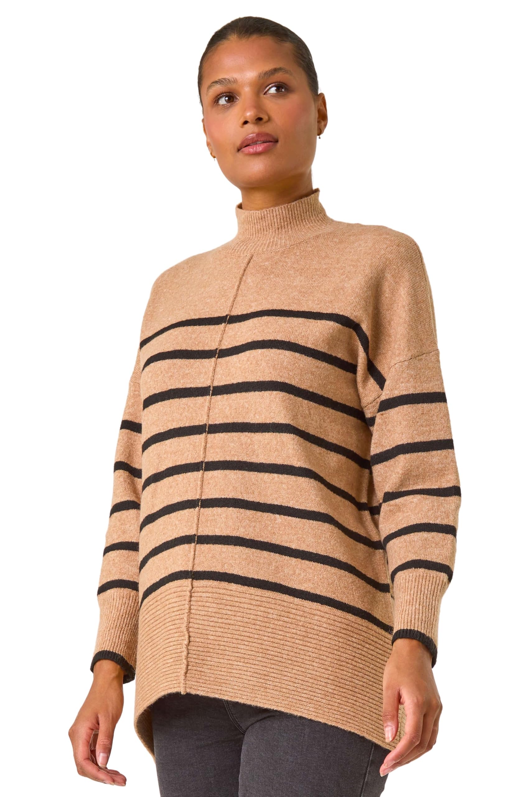 Roman Originals Camel Relaxed Stripe Soft Knit Jumper For Women Uk - Ladies Everyday Autumn Winter High Neckline Comfy Soft Evening Vacation Work Party Night Out - - Size 14