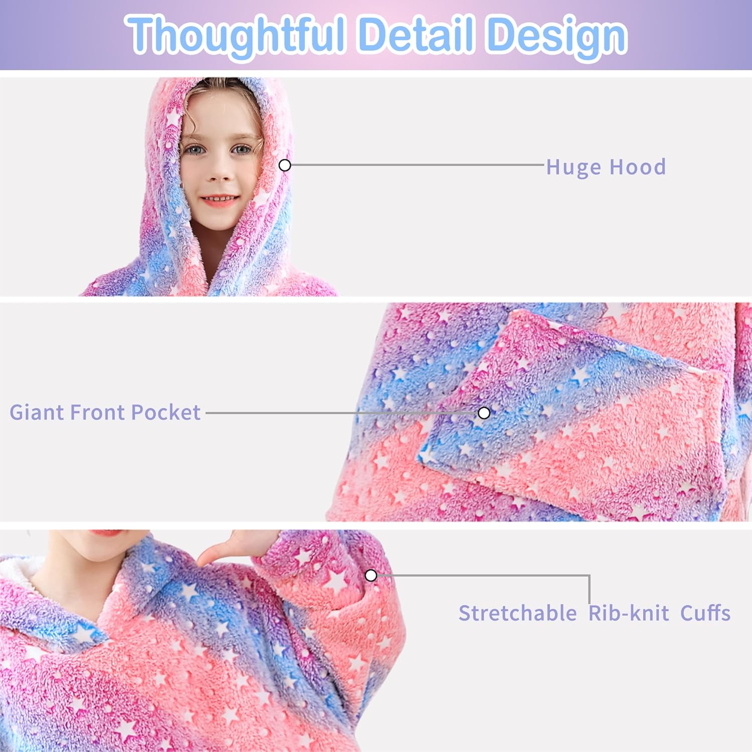 Blanket Hoodie, Sherpa Fleece Wearable Blanket for Kids, Plush Flannel Hooded Blanket, Sweatshirt Gift with Giant Pocket - Image 3