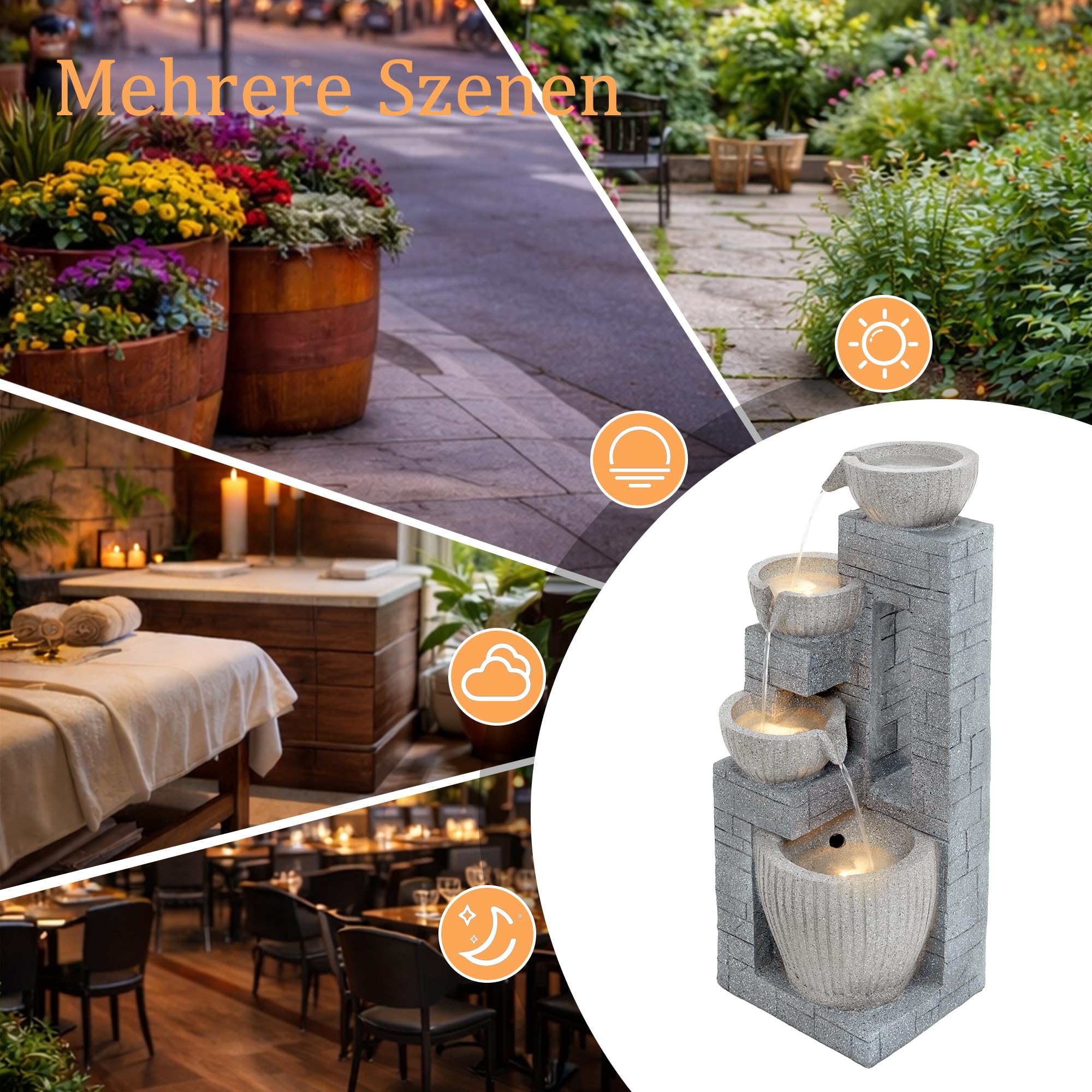 Gartenbrunnen, Brunnen Garten, Gartenbrunnen für Außen, 80 cm Schichtstein-Becken mit LED-Brunnen, aus Rostbeständigem Polyesterharz, für Garten, Terrasse, Balkon & Rasen (Grau)