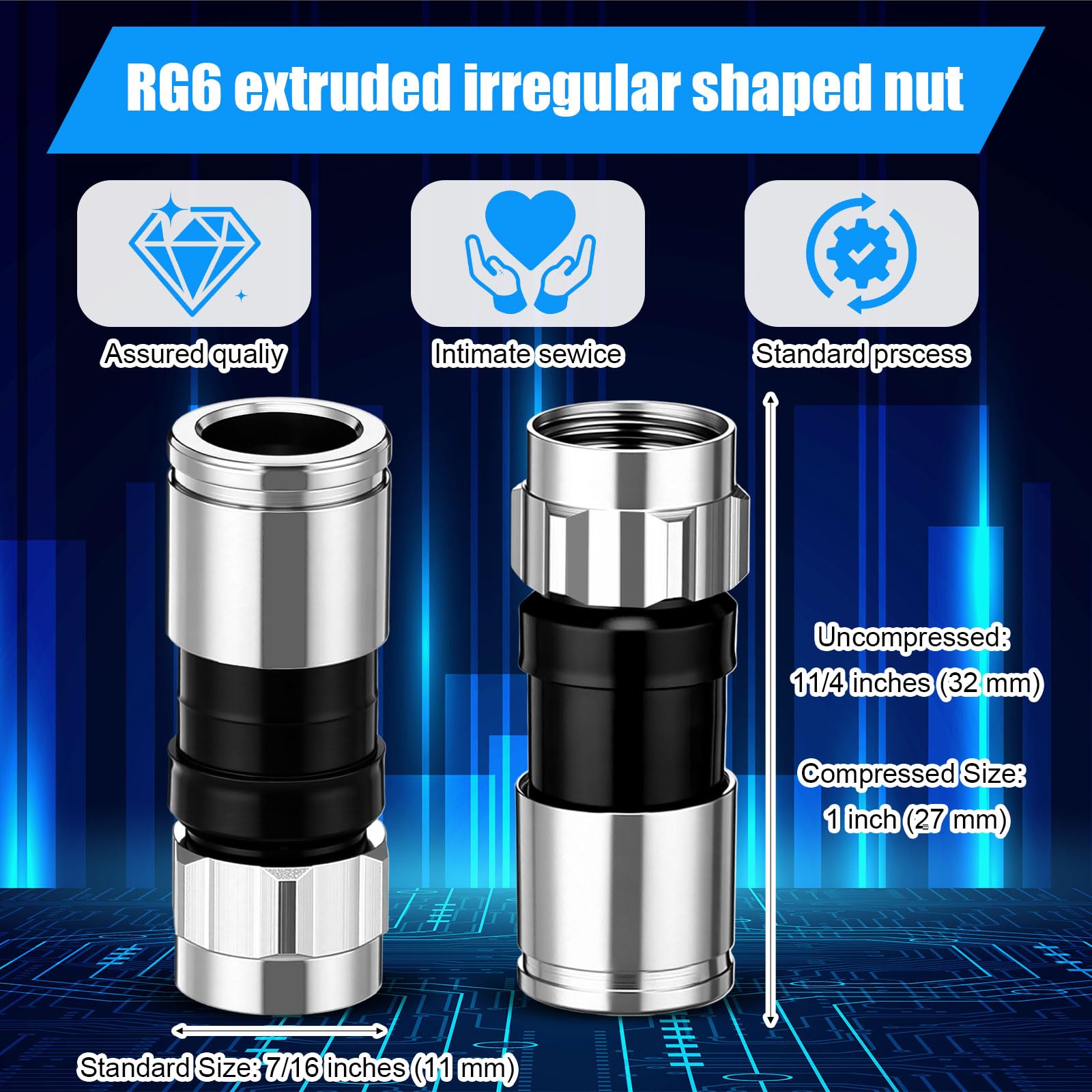Kingdder Confezione da 150 connettori a compressione RG6 Quad, connettori F da 75 Ohm con guarnizioni conduttive integrate, adatti per la maggior parte dei cavi coassiali satellitari o via cavo