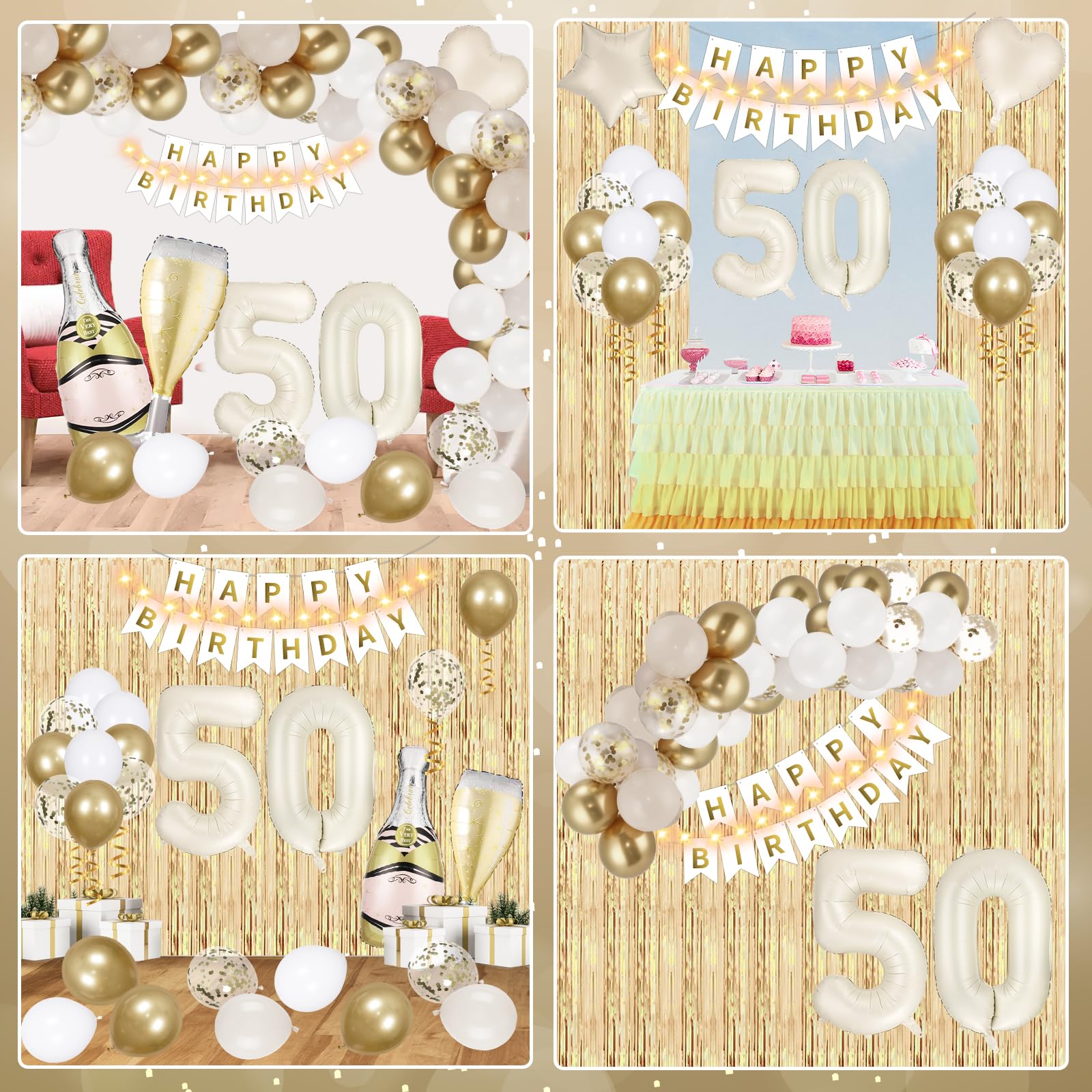 White Gold 18th Birthday Decorations Kit - Balloons, Banner, Curtains & LED Lights