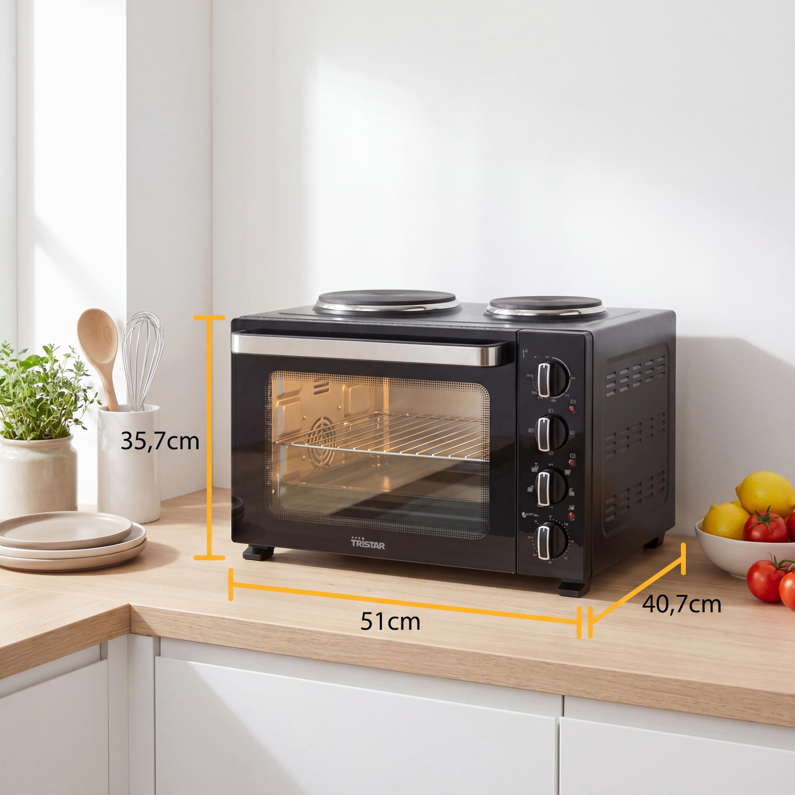 Tristar Forno a convezione con 2 piastre, capacità 35 L, 3200 W, struttura in acciaio, mini cucina compatta per pasti completi, OV-3670