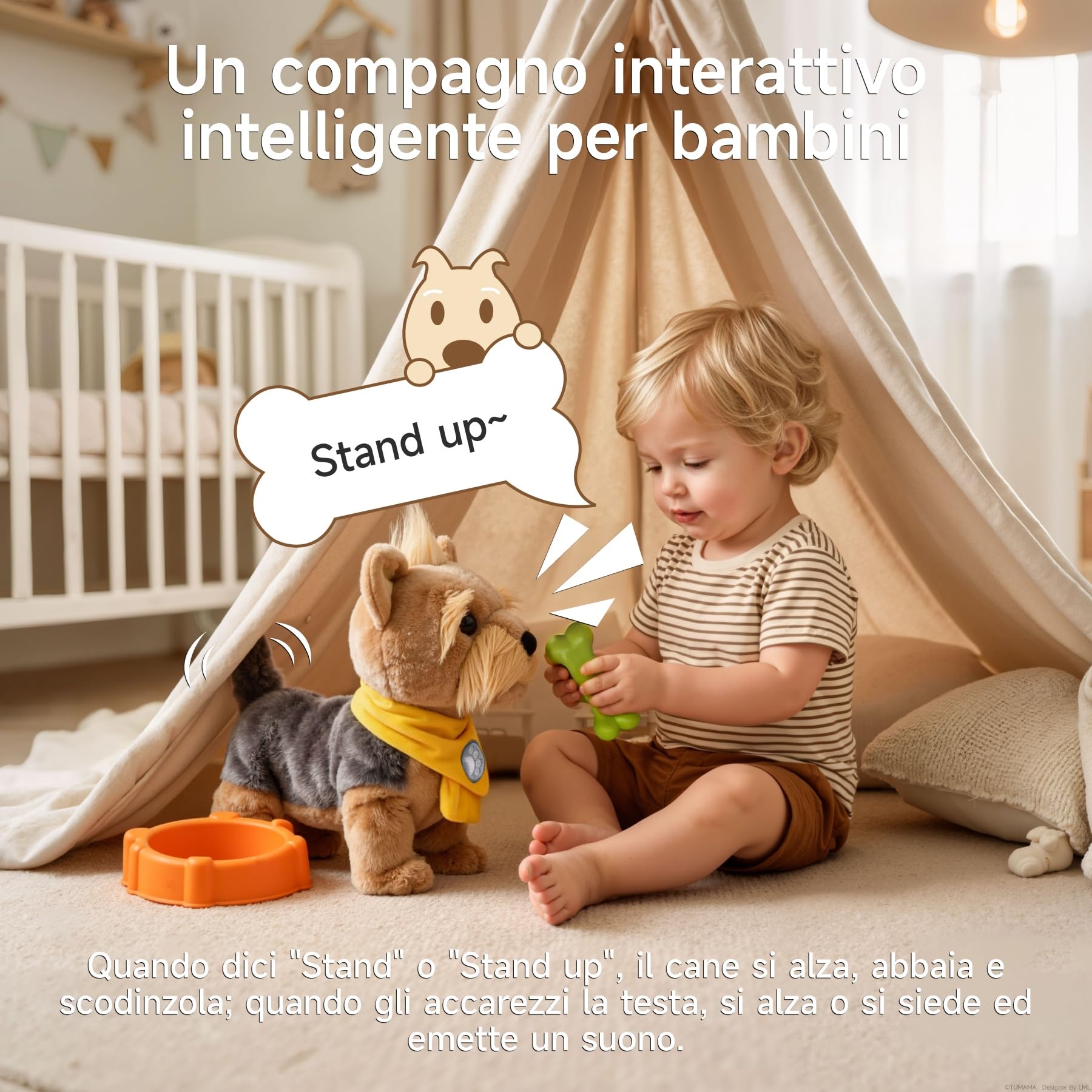 TUMAMA KIDS Cane Interattivo Cammina e Abbaia Giocattoli di peluche | Giocattolo elettronico che canta, abbaia e muove la coda; peluche con comando vocale – Giocattolo per bambini e bambine