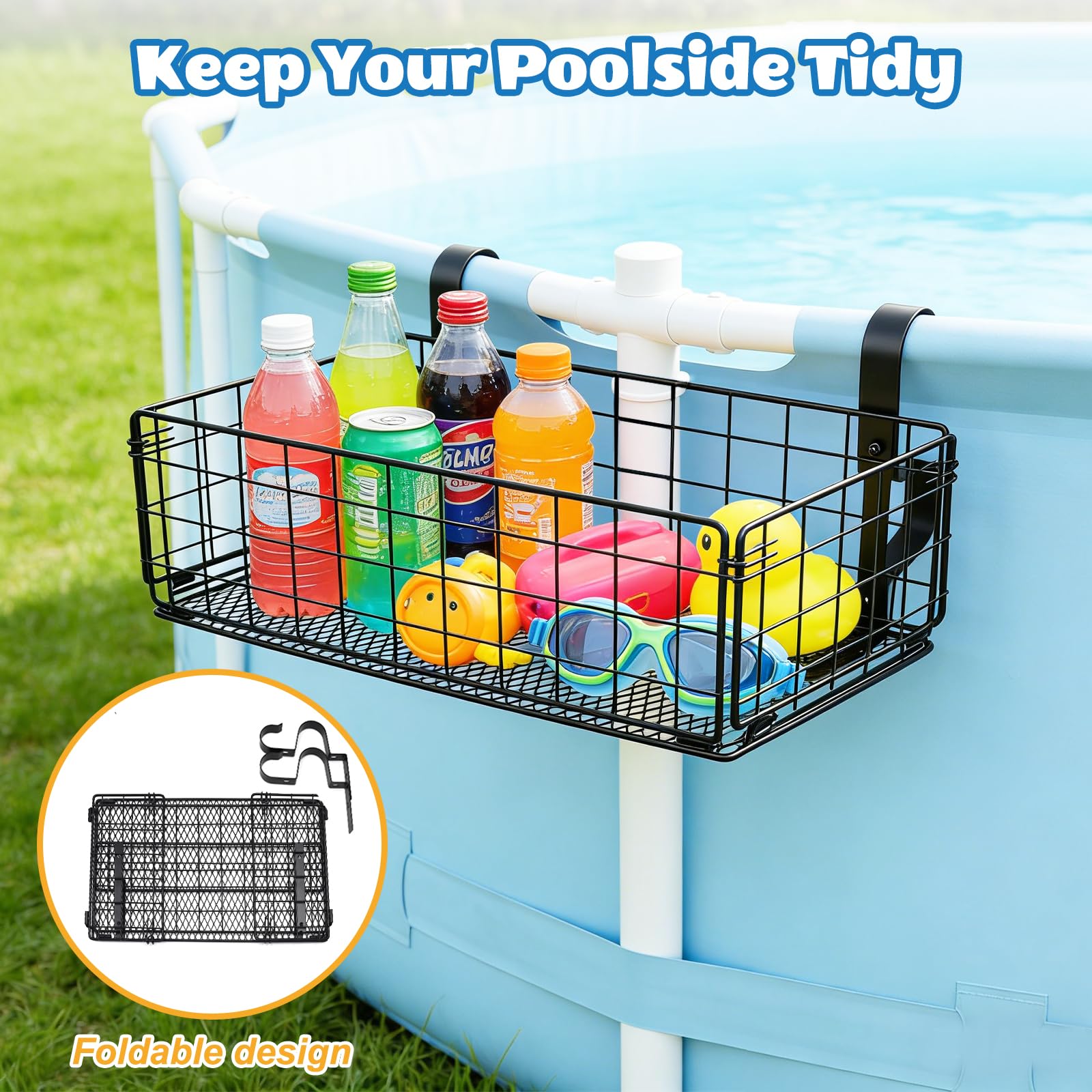 Panier de Rangement au Bord de la Piscine, Pliable Panier Rangement Piscine Hors Sol en Métal Motif Ajouré Accessoire de Piscine pour Les Jouets de Piscine, Les Serviettes, Les Boissons