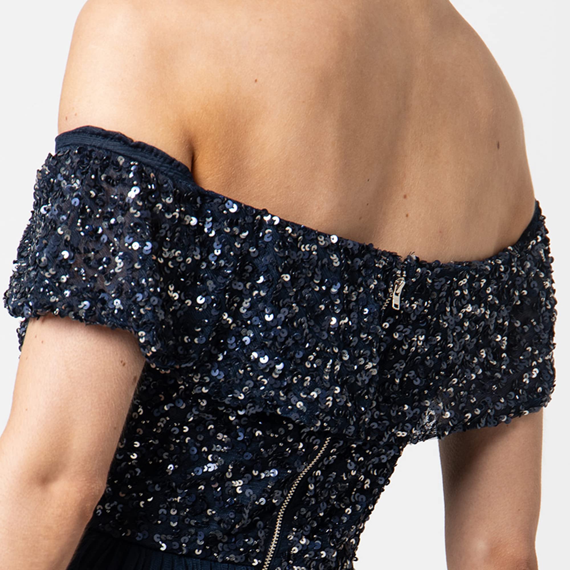 Abendkleid mit Pailletten - Cocktailkleid Damen mit V-Ausschnitt - Tüllkleid Damen mit Kurzen Ärmeln