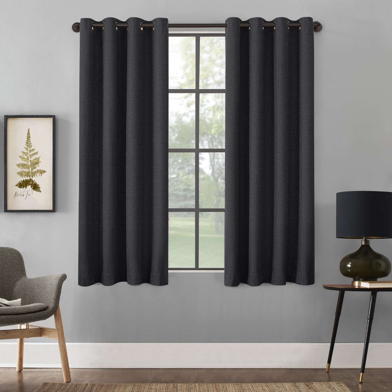 Timeles Blackout Curtains 63 Inches Long – 2 Panels Linen Curtains with Grommets, Room Darkening Drapes with White Liner for Bedroom & Living Room, 52 x 63 Inches, Black