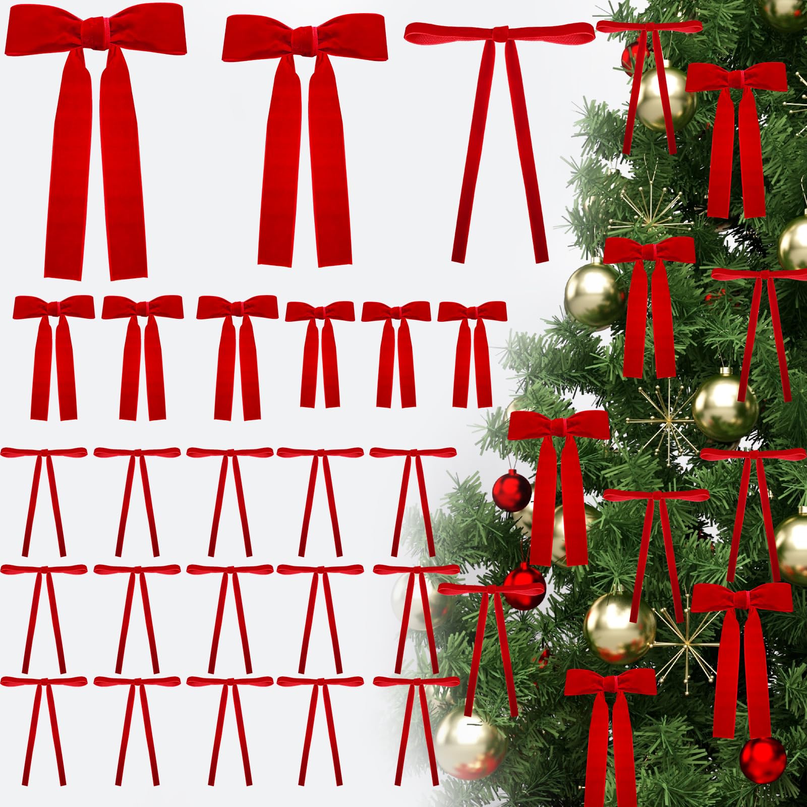 Tkifoda 24 Pcs Velvet Christmas Bows, Christmas Wreath Bow Bulk Ribbon Velvet Wreath Bows Christmas Handmade Tree Topper Ornament for Gift Wrapping Xmas Outdoor Indoor Wedding Decoration(A-Red)