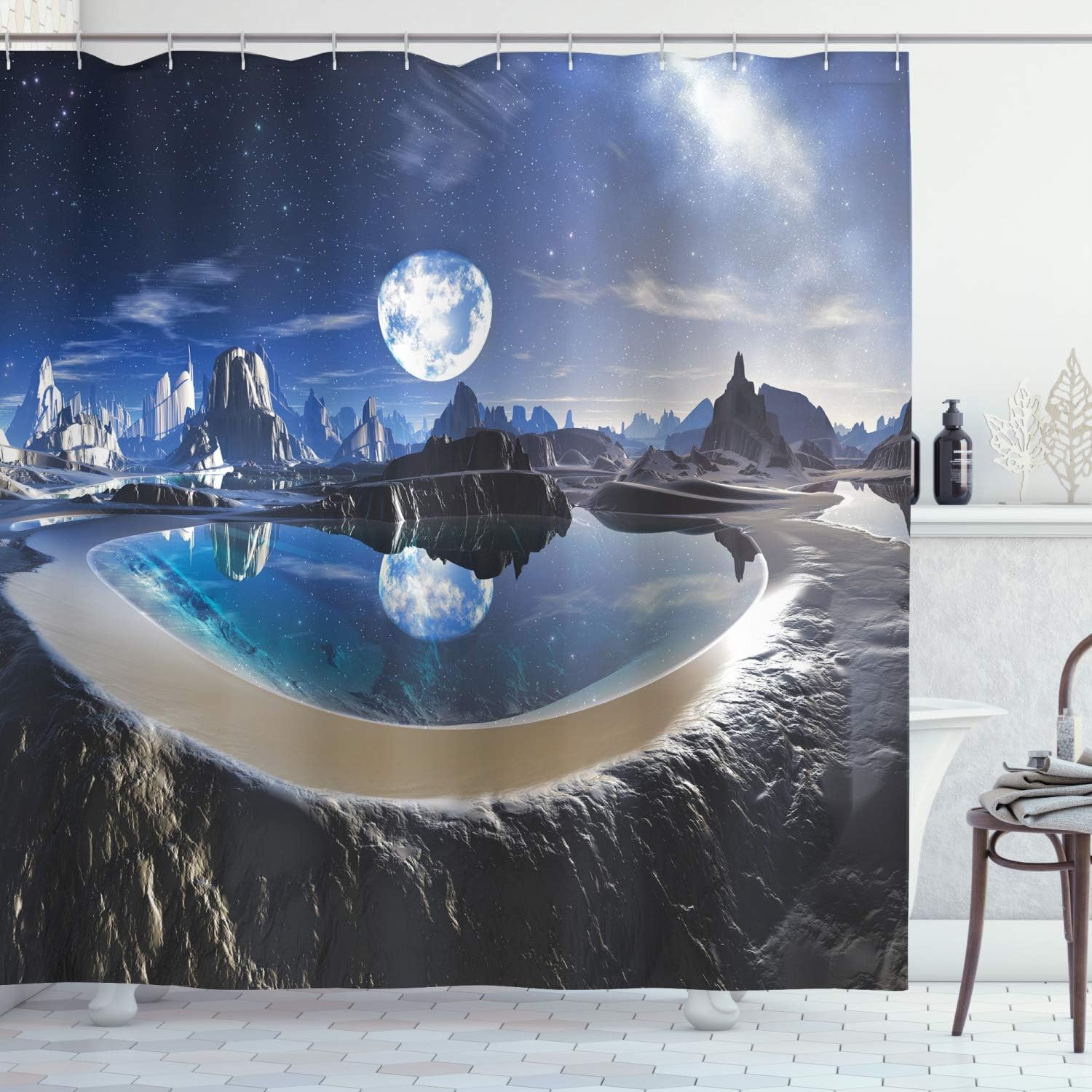 Ambesonne Fantasy Shower Curtain, Reflection of Earth in a Crystal Pool Alien Planet Fantasy View Print, Cloth Fabric Bathroom Decor Set with Hooks, 69" W x 75" L, White Black