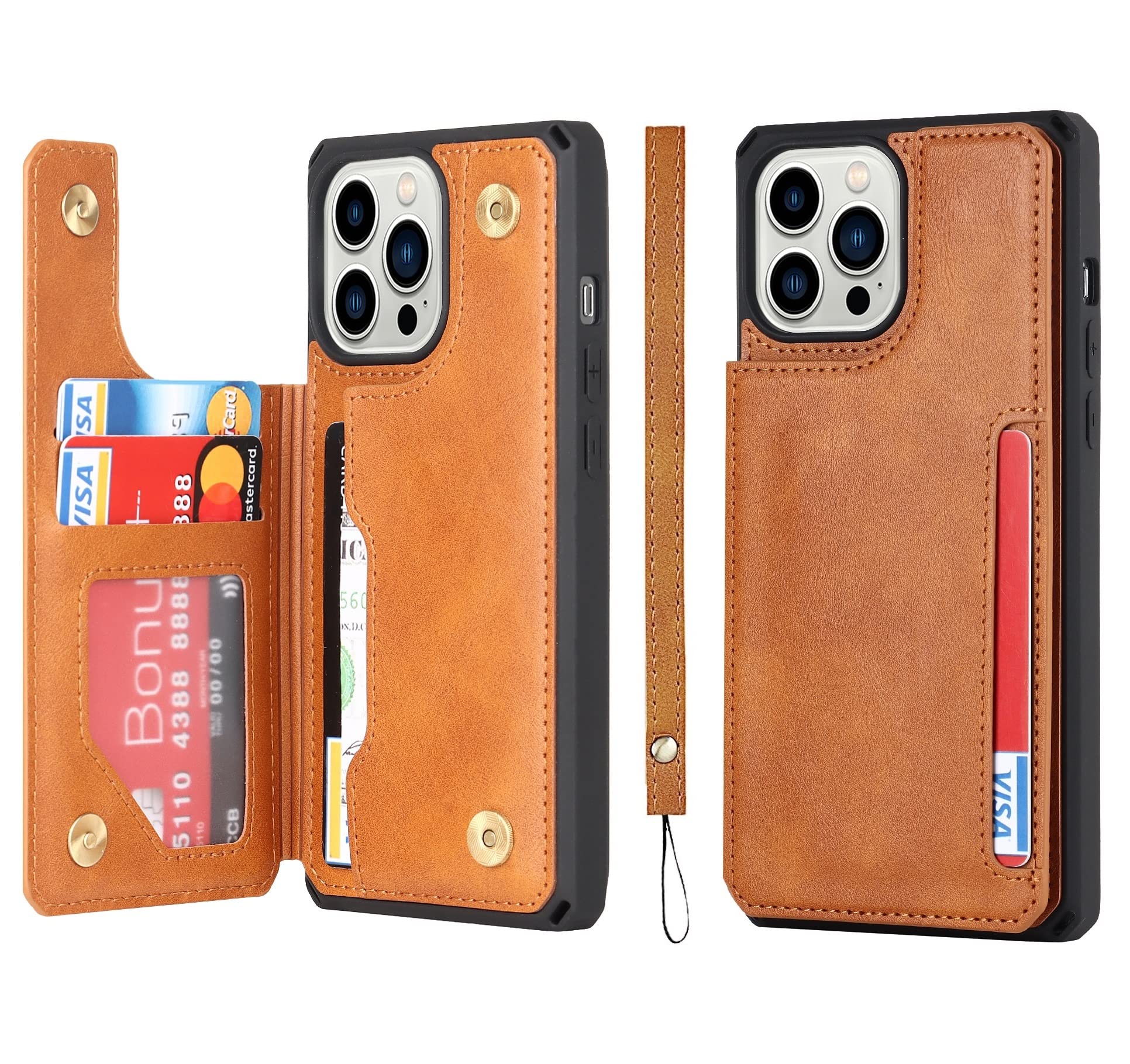 iCoverCase Compatible with iPhone 14 Pro Wallet Case with Card Slots Holder and Wrist Strap PU Leather Kickstand Double Magnetic Clasp Shockproof