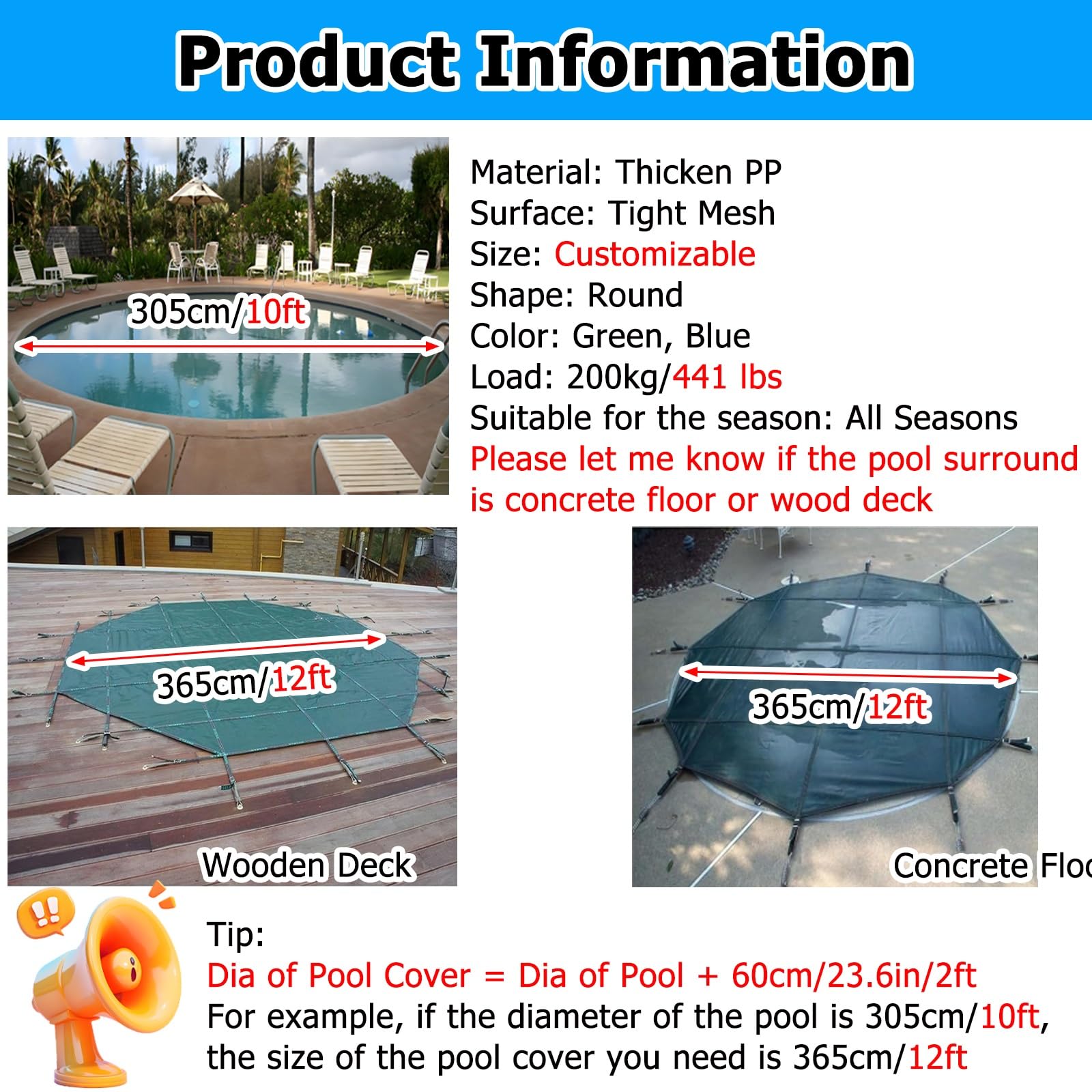 Couverture de Piscine 35ft Couvertures Rondes pour Piscines Creusées, Protecteur De Piscine Creusée avec Ancrages Accessoires D'installation, Couverture Filet pour Piscine(Blue,457cm/179.9in)