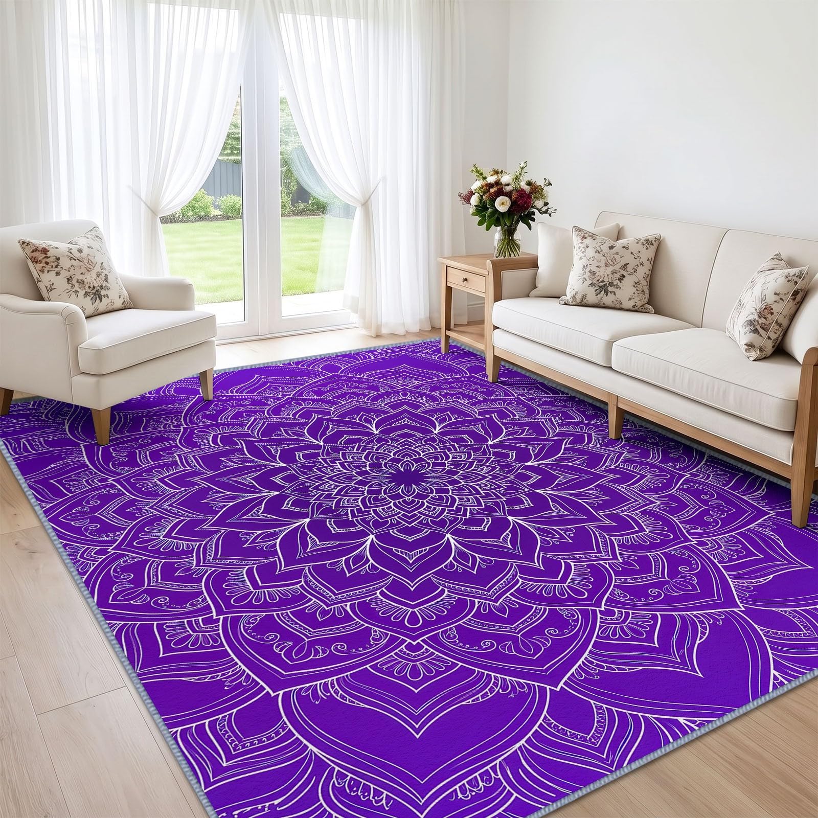 Bohemian Wohnzimmer Teppich 100 x 160 cm, Waschmaschine Geometrisches Blumenmuster Lila Mandala Schlafzimmer Weicher rutschfest Design Teppiche für Küche Esszimmer Büro Bereich Dekor