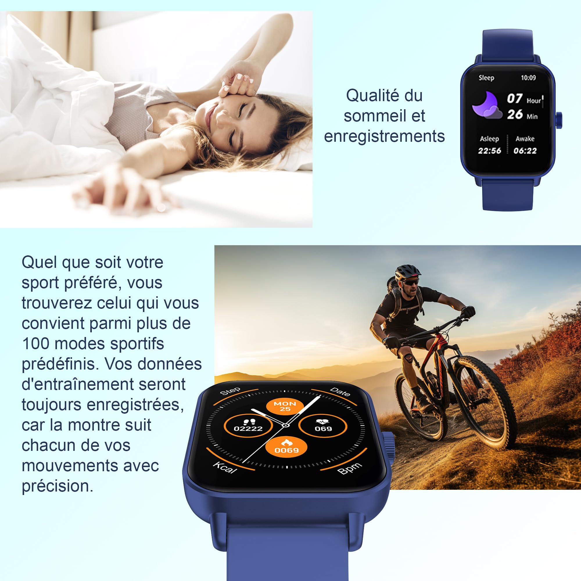 Digitec Montre connectée Square Bleue avec Bracelet en Silicone Bleu, Homme Femme, Suivi activité et Sommeil