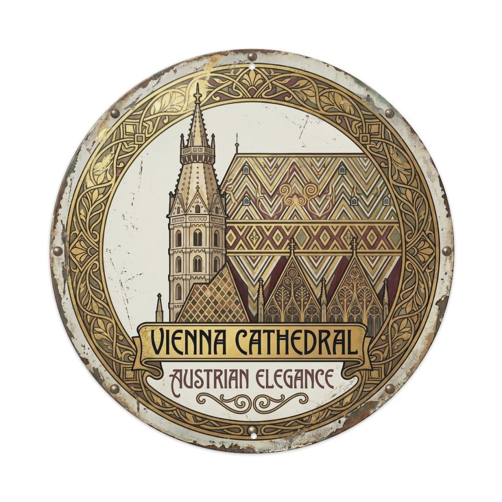 Austria Tower Cathedral Historic Tourism Classic Destination Metal Tin Sign Plaque Wall Decor for Cafe, Man Cave, Club Bar, Office, Home Garden Round Metal Poster 8x8Inch