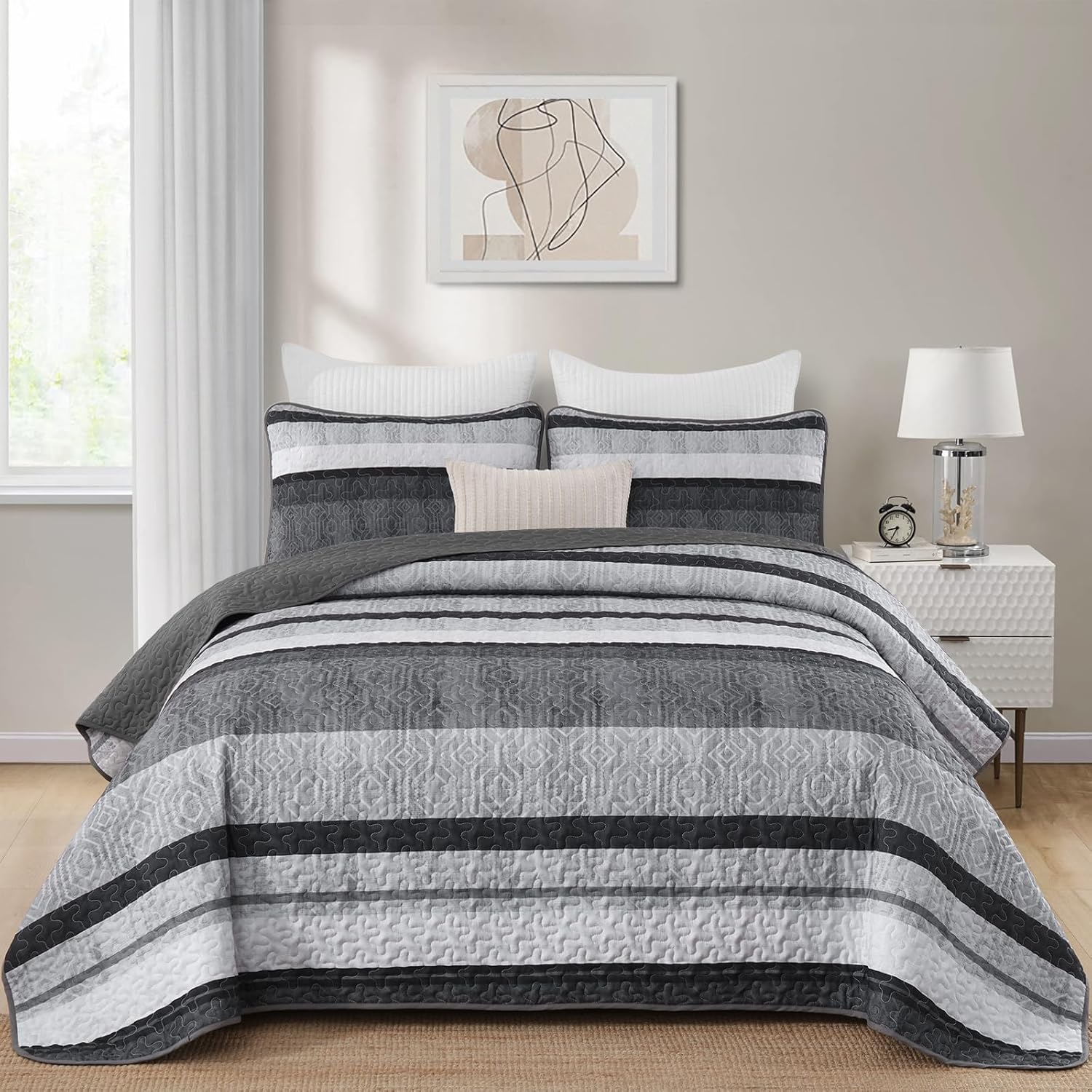 Dobuyly Grey Queen Quilt Set, Boho Bedspread Queen Size, Striped Bedding Sets 3 Pieces, Lightweight Soft Gray Black Coverlet Bed Sets with 2 Pillow Shams 96"x90"