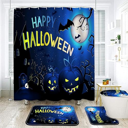 Miniatura 4 de CRTEPST Juego de 4 cortinas de ducha de Halloween, cortinas de ducha, alfombras de baño antideslizantes, funda de inodoro, tapete de baño,