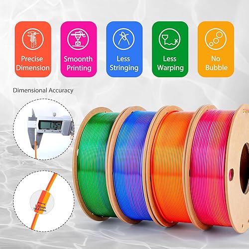 Miniatura 10 de 3Dgenius Filamento PLA de seda para impresora 3D de triple color, filamento de impresión 3D de 0.069 in, compatible con la mayoría de impresoras