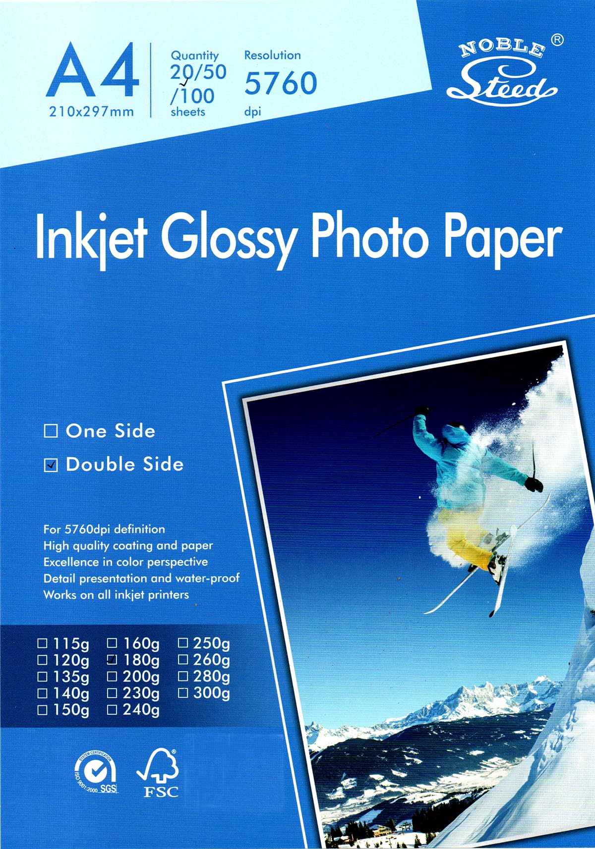 NOBLE Steed Inkjet Glossy Photo Paper Double Side Resolution 5760dpi, Size-A4, 20 Sheets 180gsm-Much better finish colors Best Look Pictures print for all inkjet printer