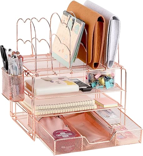 SHACHAR Organizador de escritorio color oro rosa con soporte para archivos, organizador de bandeja de papel de 3 niveles con cajón y soporte para