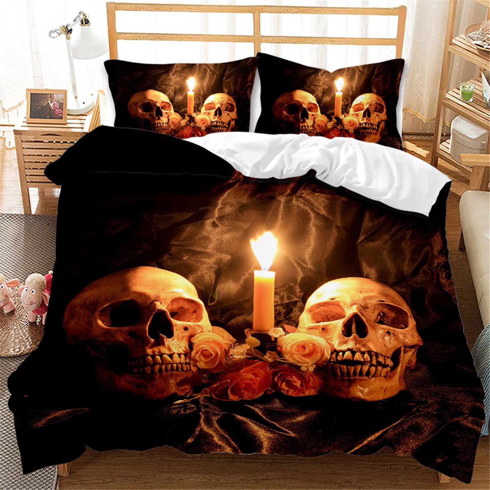 Parure de lit tête de mort 3D rose bougie en microfibre avec housse de couette
