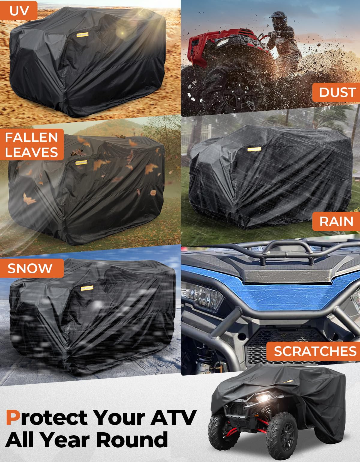 KEMIMOTO Copertura ATV Impermeabile in Tessuto Oxford 300D, Copertura Protezione Esterna Universale con Cintura Antivento e 4 Strisce Riflettenti per ATV Quad Bike, 245 x 125 x 120 cm