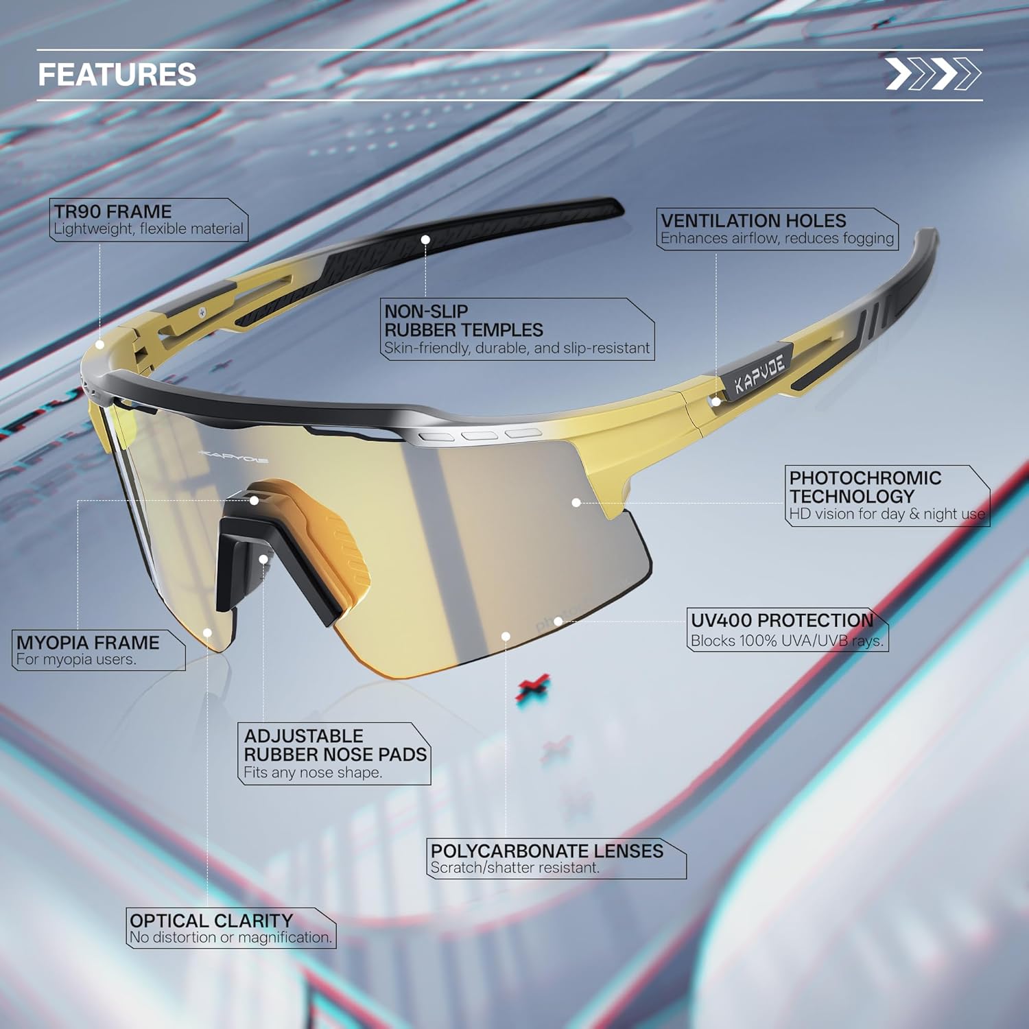 KAPVOE Photochromic Cycling Glasses Mountain Bike Sunglasses Clear MTB Bicycle Riding Baseball Running Golf for Men Women K75 - Image 3