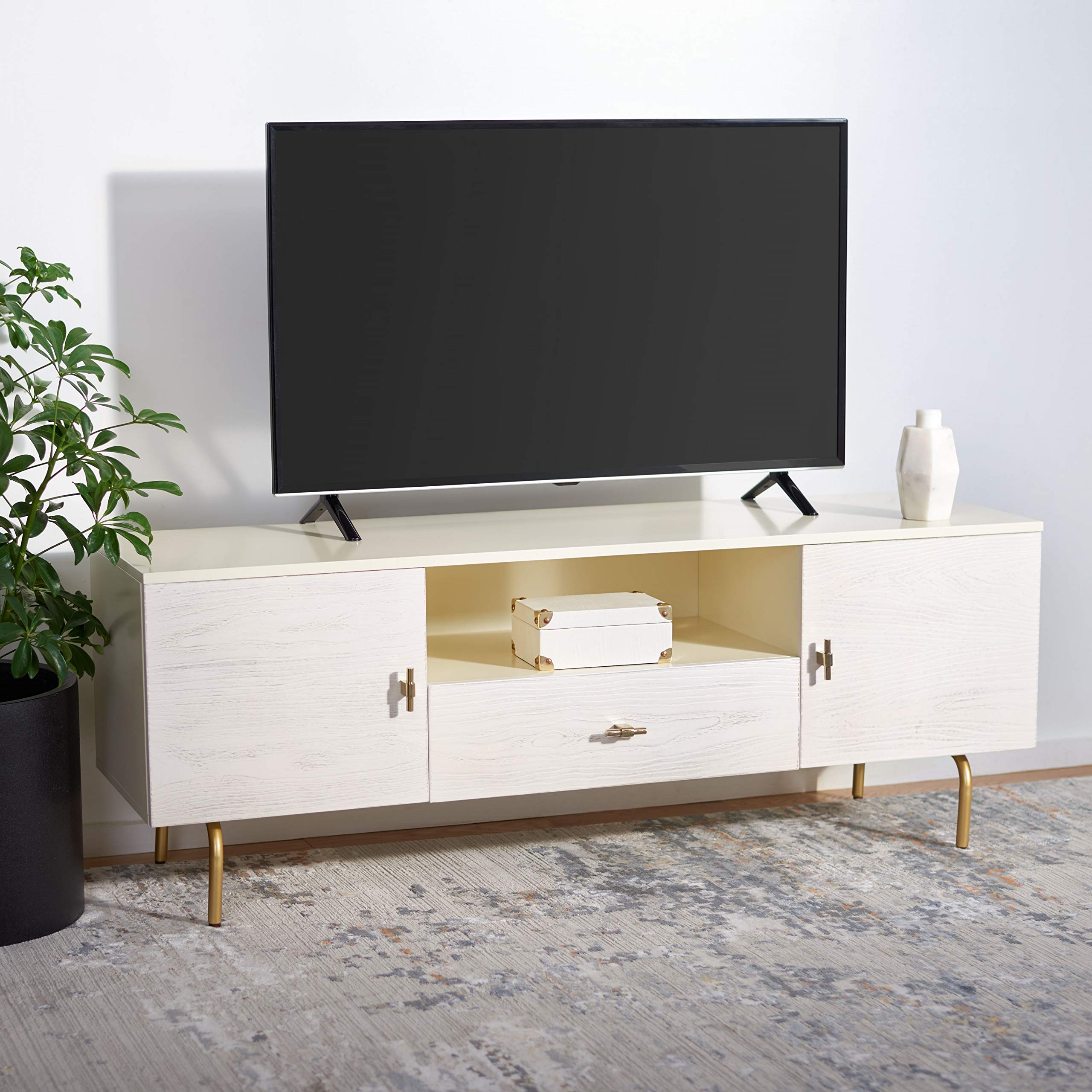 SAFAVIEH Genevieve TV Stand for up to 65" Flatscreen – Cream & White Washed Finish, Mid-Century Modern Storage Cabinet, Entertainment Media Console (