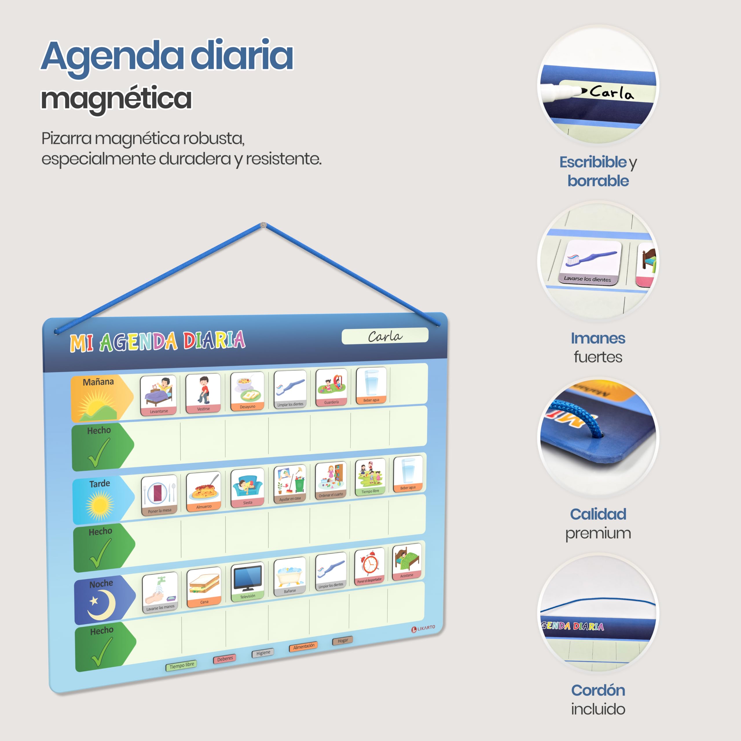LIKARTO Agenda diaria para niños - Pizarra magnética planificador de Montessori con 152 imanes y cordón - Se puede escribir y borrar completamente - Aprende las rutinas diarias